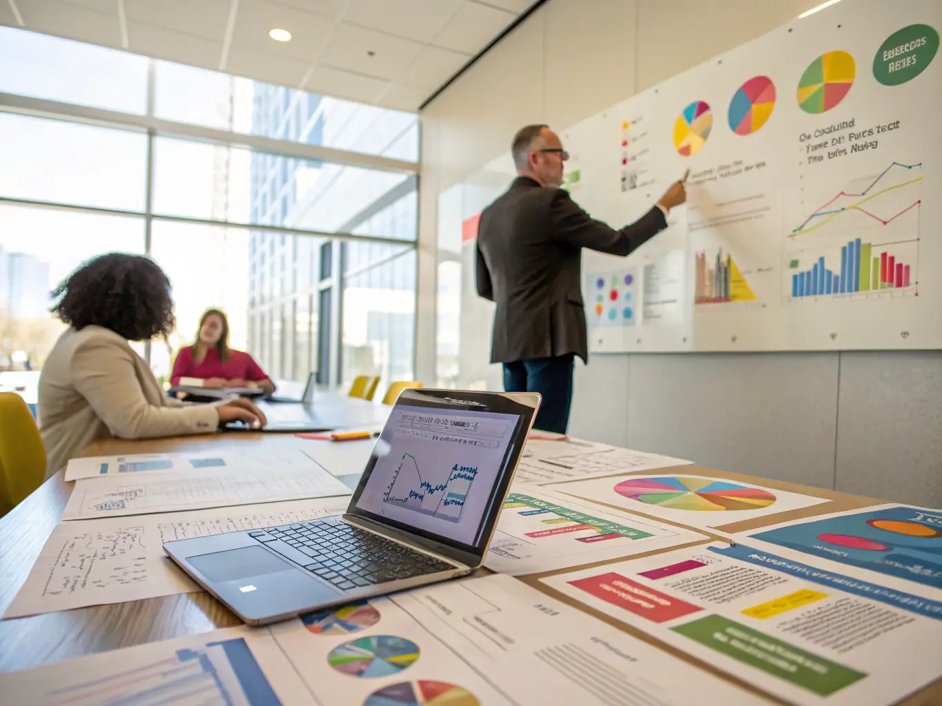 An image of a business leader analyzing data and charts during a strategic planning session, illustrating decision-making mastery.