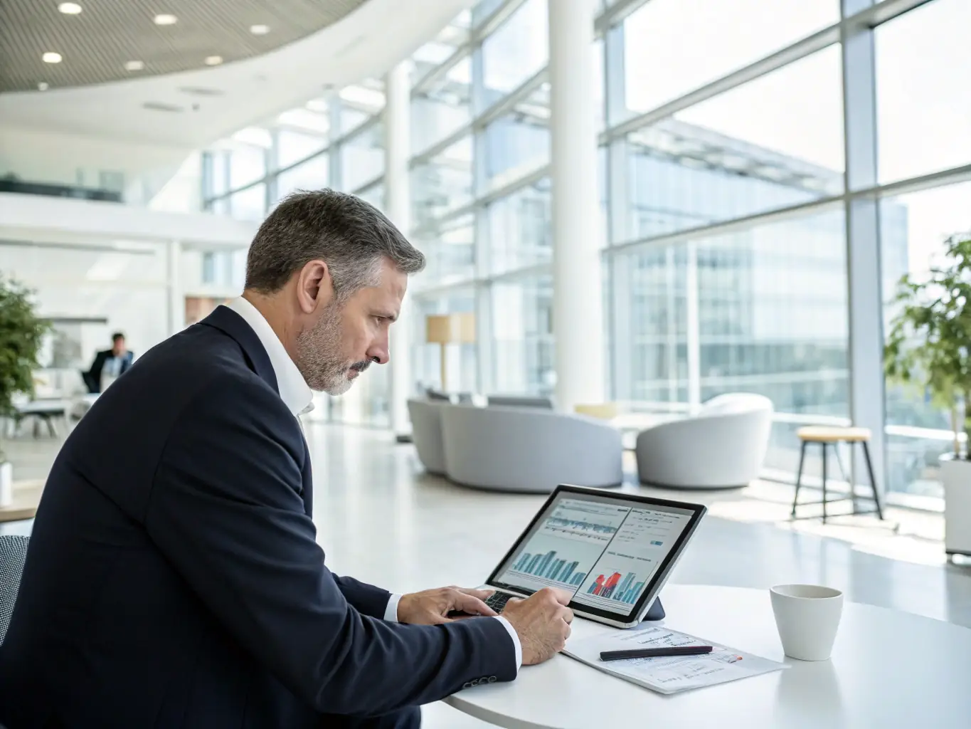 A focused image of an executive reviewing performance metrics on a digital dashboard, representing executive performance optimization.